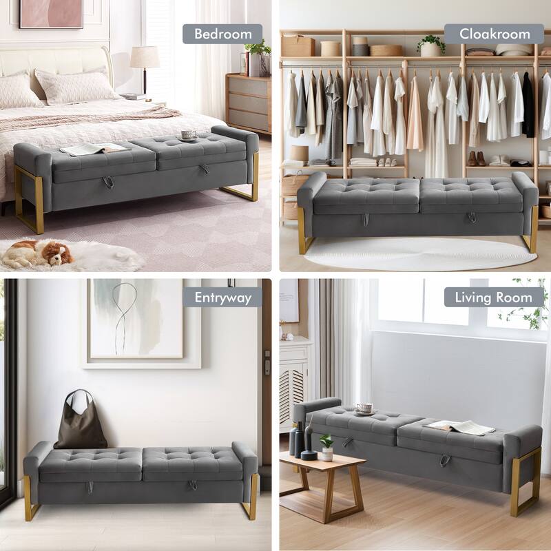 66" Storage Bench King Size End of Bed with Double Lids and Gold Legs