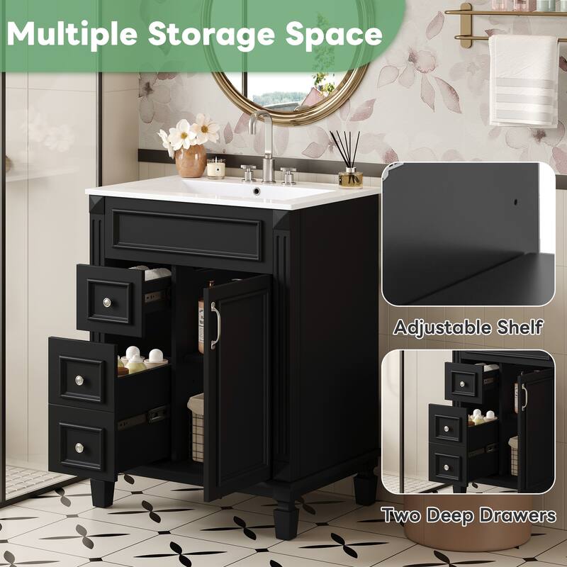 GDF Studio - Monteria Modern Solid Wood Bathroom Vanity with Ceramic Sink, 2 Drawers and Adjustable Shelf - 24'W