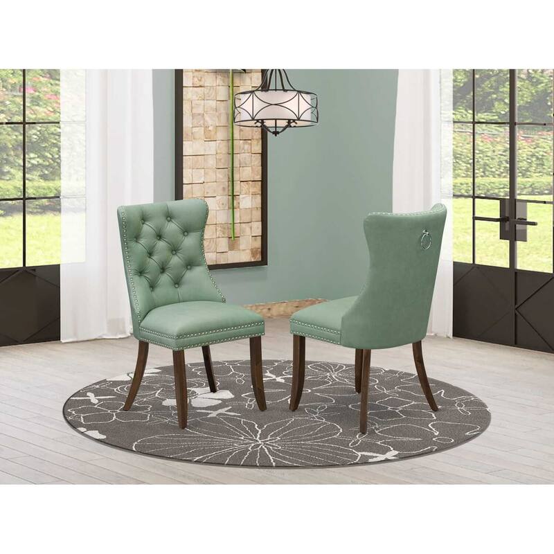 Parson Dining Chairs Set of 2 - Padded Faux Leather Chairs with Nailhead Trim - Antique Walnut Finish