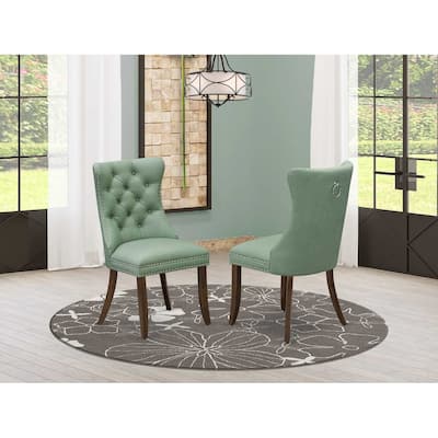 Parson Dining Chairs Set of 2 - Padded Faux Leather Chairs with Nailhead Trim - Antique Walnut Finish