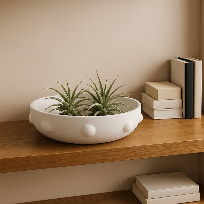 Pottery Clay Bowl Raised Dot-Textured Accents for Home - 14" White - 14.0"