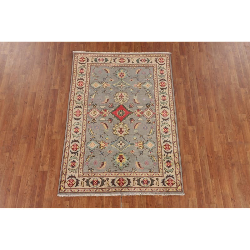 Gray Floral Kazak Oriental Area Rug Hand-Knotted Wool Carpet - 4'1" x 5'11"