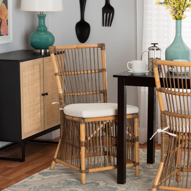 Kim Modern Bohemian White Fabric and Natural Brown Rattan Dining Chair