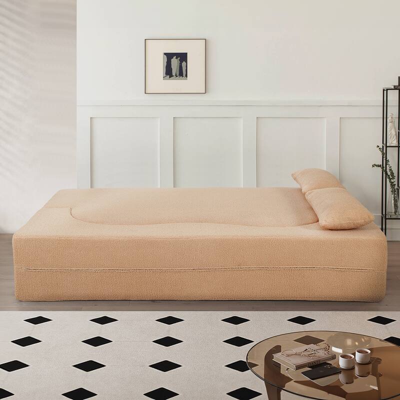 2-in-1 Convertible Loveseat Sofa Bed, Full Size Floor Bed Mattress, Folding Teddy Fabric Futon Couch with 2 Pillows