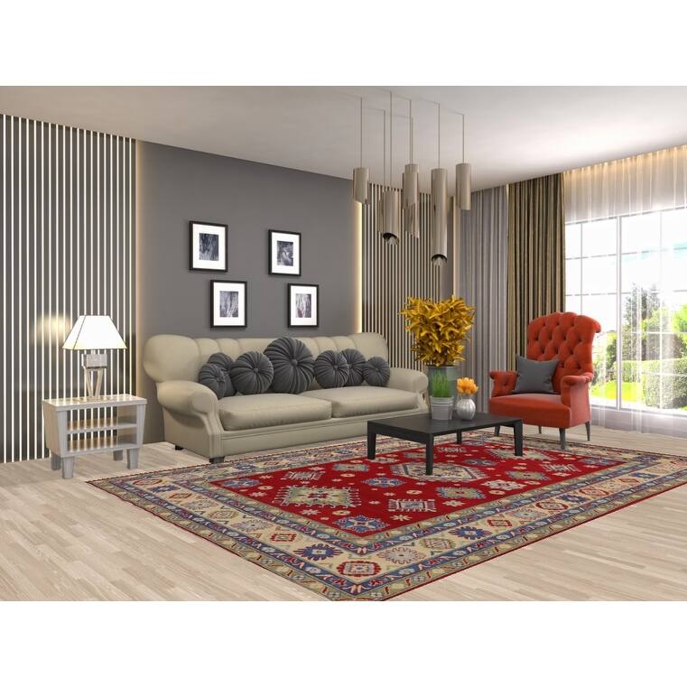 Geometric Red Kazak Oriental Area Rug Living Room Handmade Wool Carpet - 6'7" x 9'10"