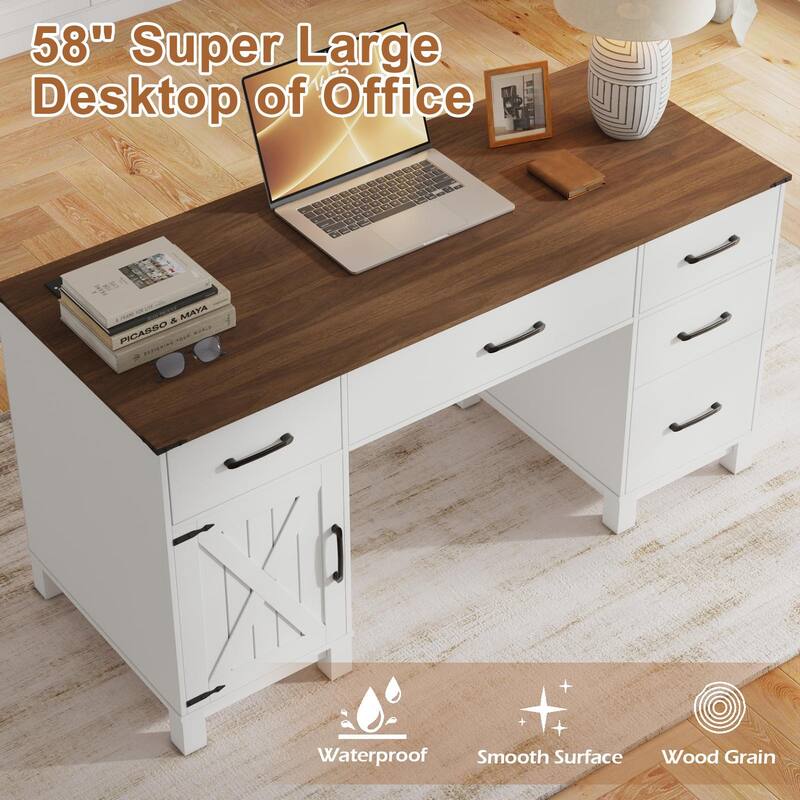 AVAWING 58" Farmhouse Desk with Drawers, Charging Station & Storage Cabinet - Solid Wood Home Office Desk