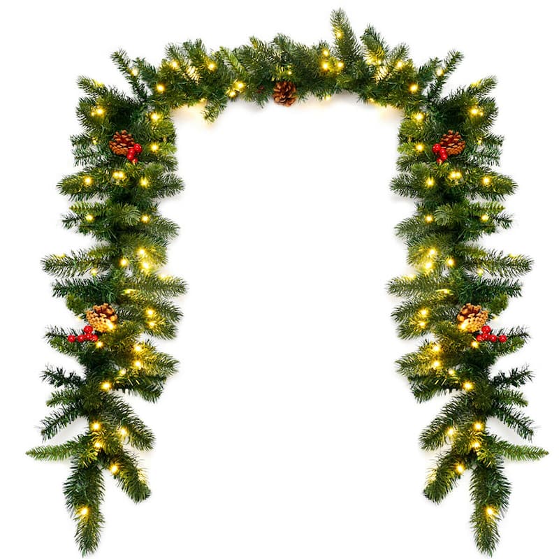 Gymax 9FT Pre-lit Christmas Decoration Garland Indoor Outdoor w/ LED - See Details - Green - See Details