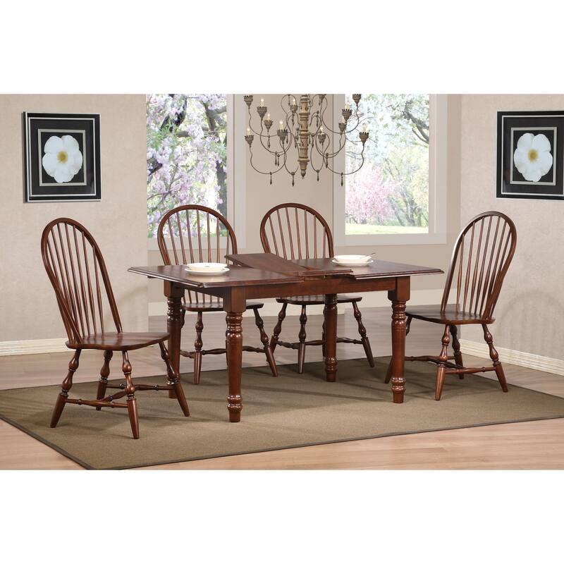 set of 2 chestnut brown curved spindle back wooden dining chairs 41"