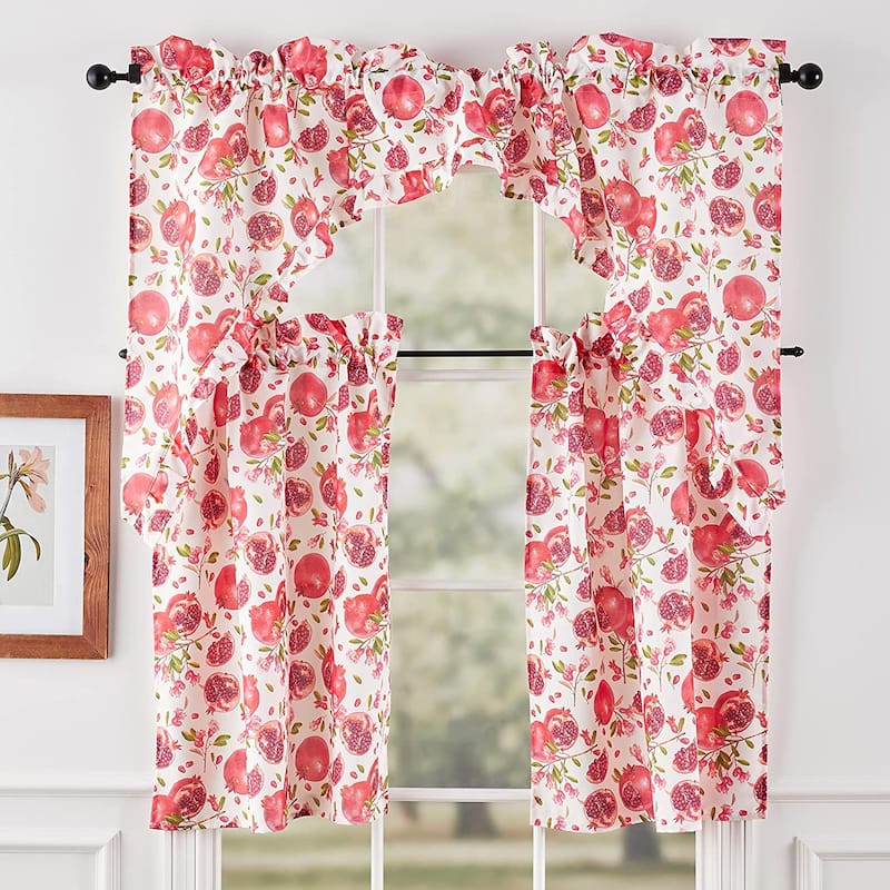 Violet Linen European Fruits Flowers, Pomegranates, 3pc Set 60" x 18" Valance, 30"x 36" Tiers, Decorative Window Kitchen Curtain