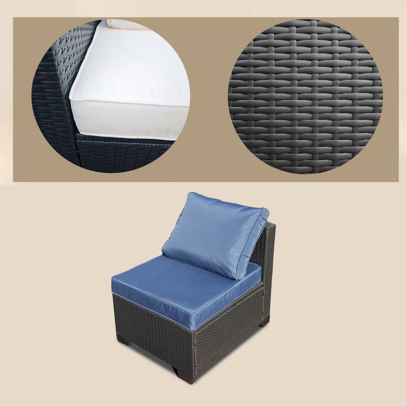 7-Piece Outdoor Rattan Patio Furniture Set, Black PE Wicker Sectional Sofa with Blue Cushions, Tempered Glass Table