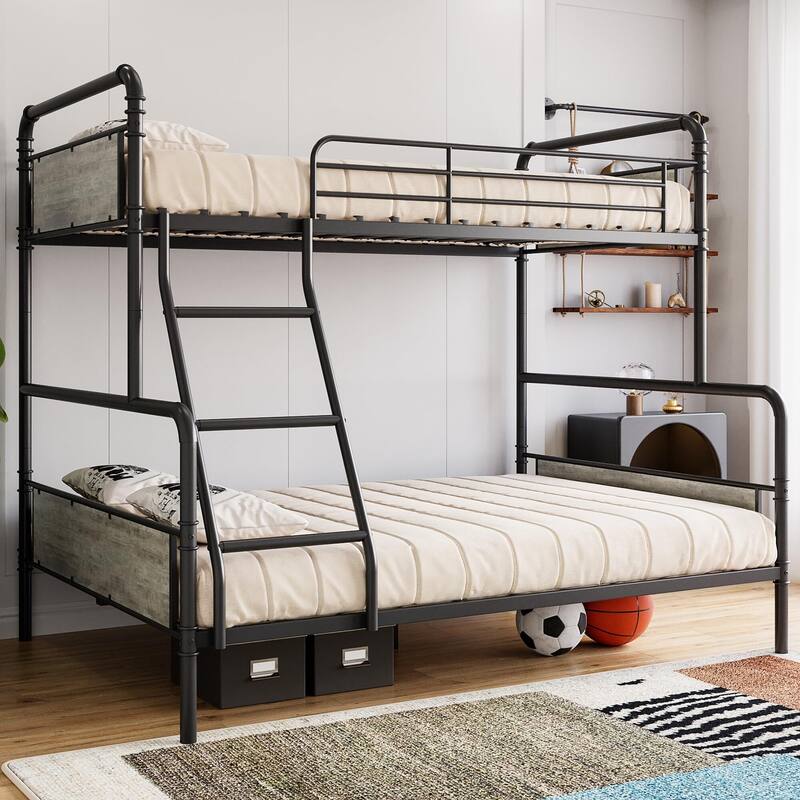Metal Bunk Bed Twin Over Full Size, with Angled Ladder, High Guardrail - Grey