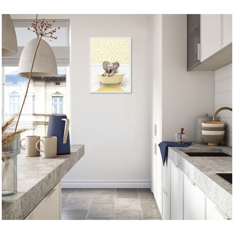 Kate and Laurel Sylvie Baby Elephant 6 in Cottage Yellow Bathtub Framed Canvas by Amy Peterson