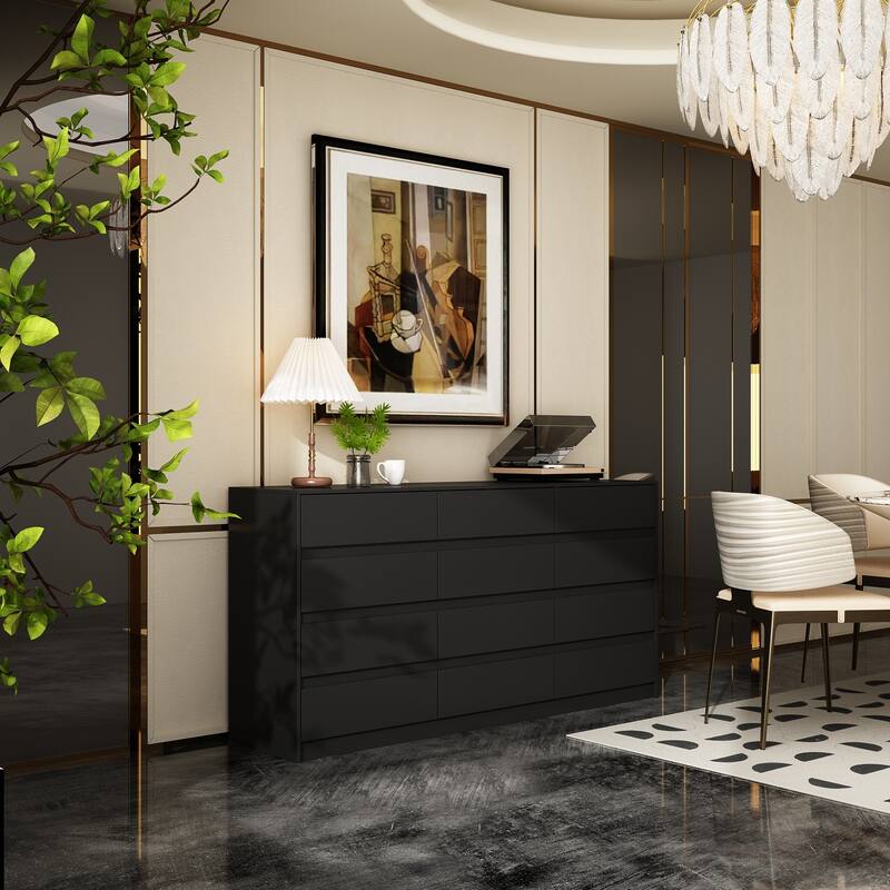 Modern 12-Drawer Bedroom Dresser - Sleek Storage Chest, White or Black