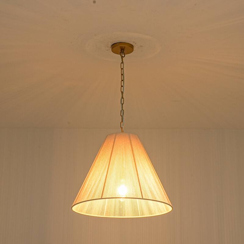 1-Light Brushed Gold Transitional Fabric Shade Cone Pendant Light with Adjustable Chain for Living & Dining Rooms