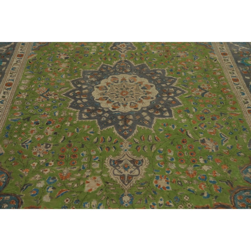 Hand Knotted Oriental 100% Wool Carpet Traditional Medallion Green Tabriz Area Rug - 9' 10'' X 6' 5''