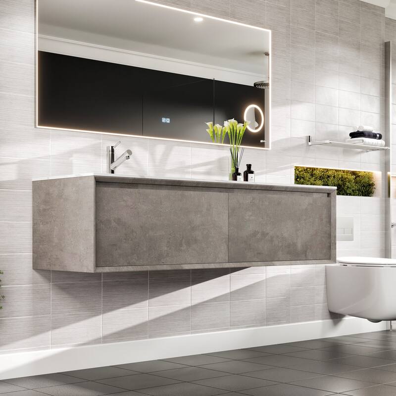 Aurora 36 in. Concrete Gray Wall Mount Single Sink Bath Vanity with Carrara Quartz Top and Undermount Porcelain Sink