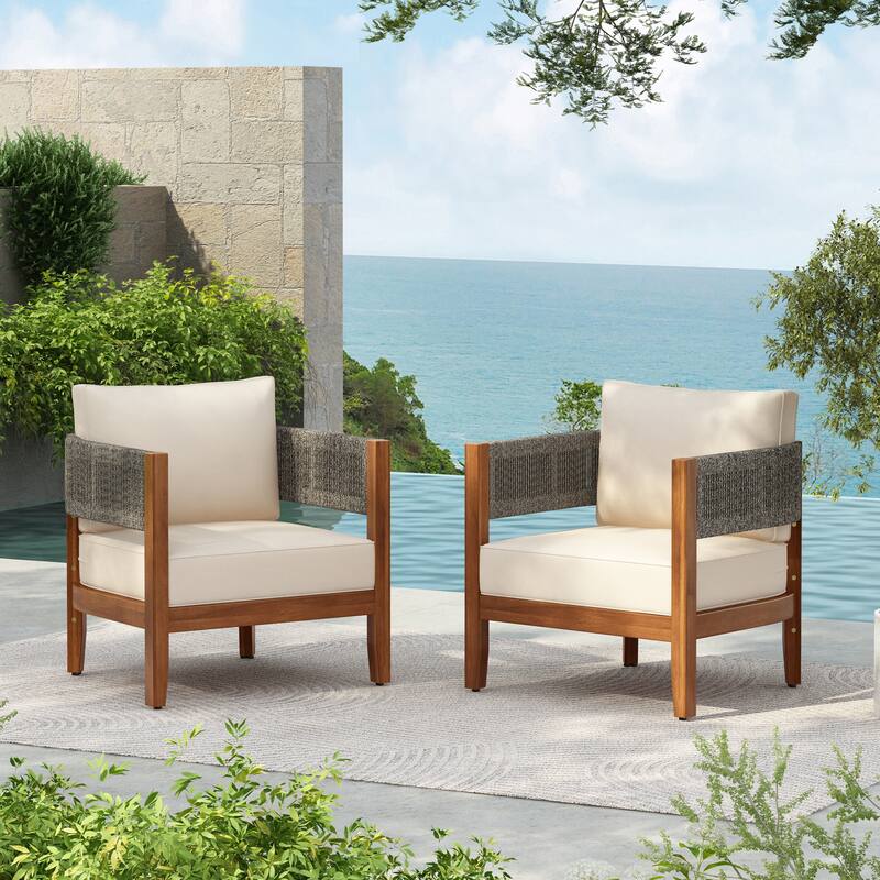 Christopher Knight Home - Linwood Acacia Wood Outdoor Tub Chair - 2 Piece - Teak Finish + Grey Rope + Beige Cushion