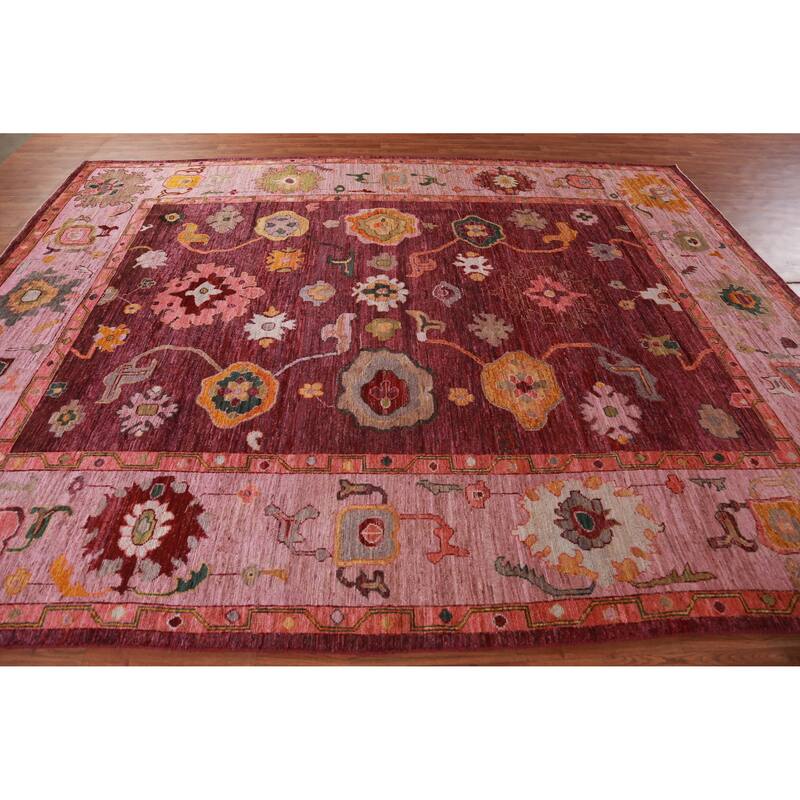 Hand Knotted Oriental 100% Wool Carpet Transitional All-Over Red Oushak Area Rug - 11' 7'' X 9' 1''