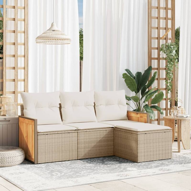 vidaXL Patio Sofa Set with Cushions Outdoor Conversation Furniture Poly Rattan - Beige and Cream - 24.4 x 23.2 x 27.2