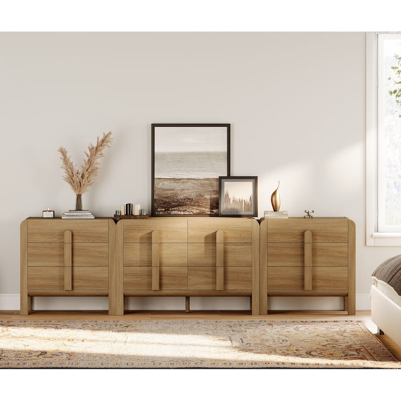 WAMPAT 3-Piece Dresser Set For Bedroom, 110.2" Large Mid Century Dresser For Closet, Curved Profile Wooden Chest Of Drawers - Walnut