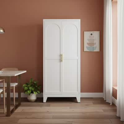 HomeRoots 71" White Steel Pantry Or Storage Closet With Arched Panel Doors - 31.50 in. x 70.87 in. x 15.75 in.