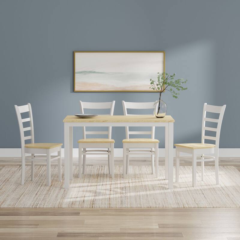 5-Piece Dining Set, 48" Rectangle Wood Table and Slat Back Chairs - White/Natural Table + White/Natural Chairs