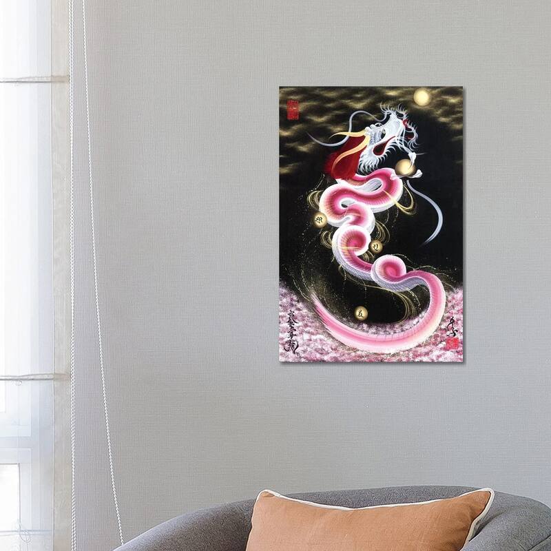 iCanvas "Cherry Blossom Rising Dragon To The Moon" by One-Stroke Dragon Canvas Print - 26x18x1.5