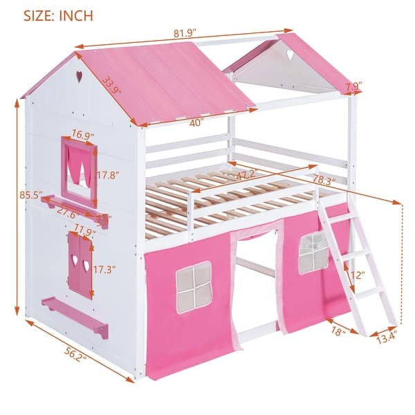 dimension image slide 2 of 4, Roomfitters Twin-Size Bunk Wood House Bed with Elegant Windows, Sills, Tent, Sturdy Wooden Frame, Charming and Functional Design