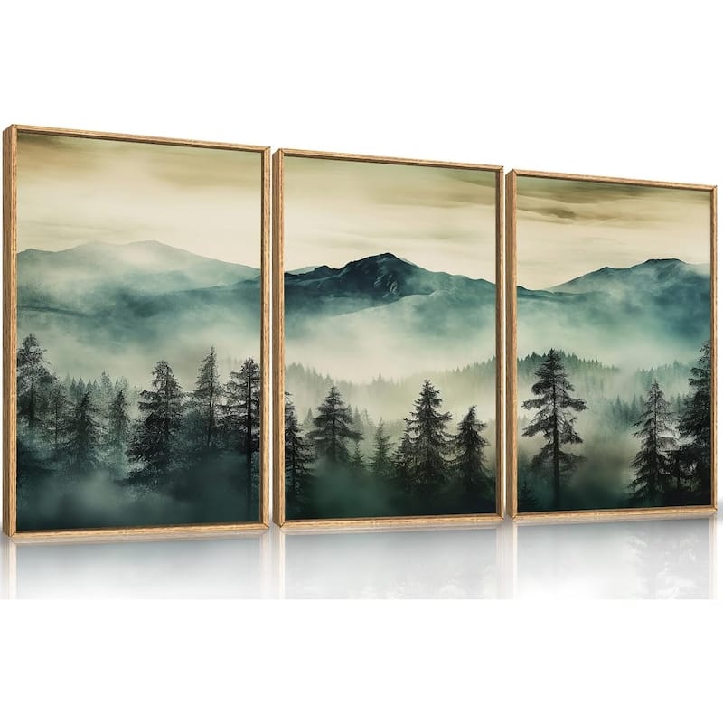 Green Foggy Forest Mountain Framed Canvas Wall Art Set - 16 x 24