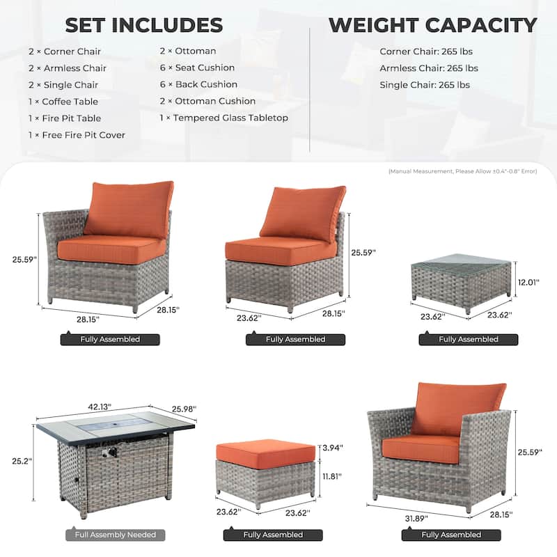 HOOOWOOO 10-piece Outdoor Furniture Rattan Sectional Set with Fire Pit Table.