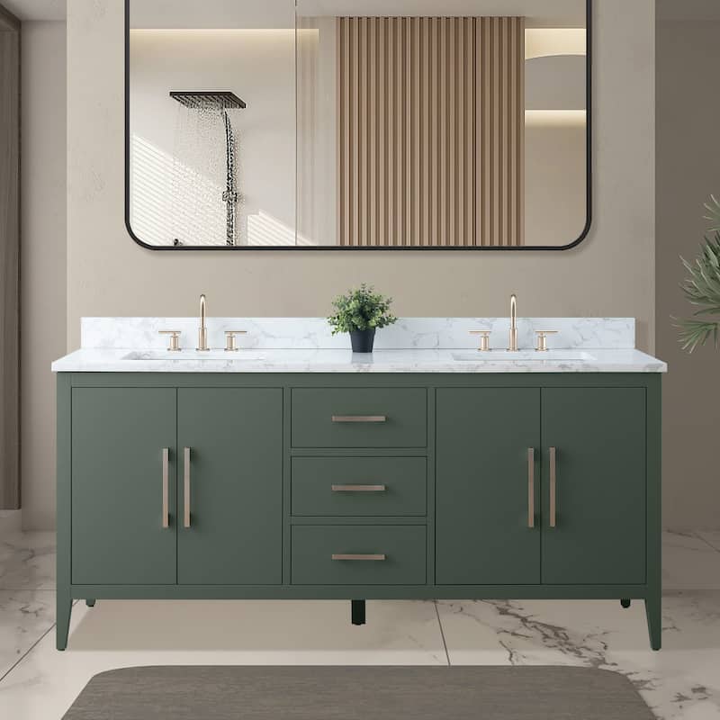 Vanity Art 72" Double Sink Bathroom Vanity Cabinet with Engineered Marble Top - 72"/Brushed Nickel Handle - Vintage Green