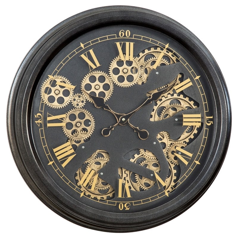 Paris Gear Clock 20"D Black with Open Moving Gears