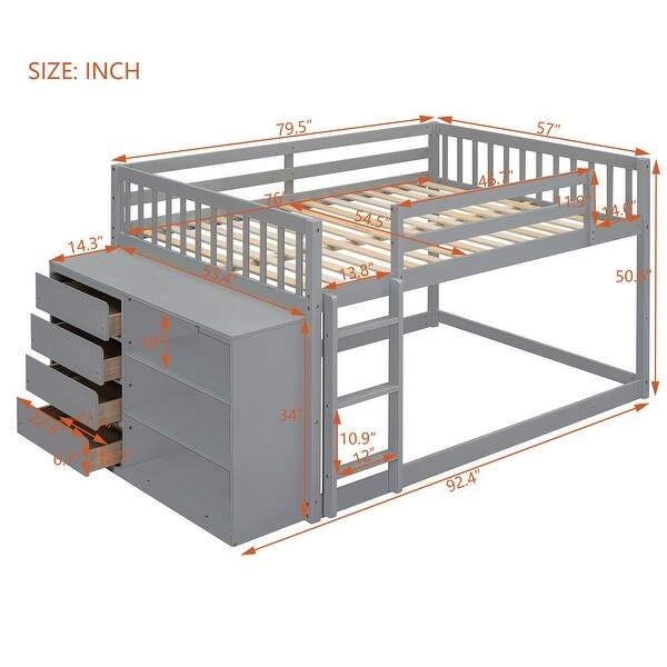 dimension image slide 4 of 6, Wooden Floor Bunk Bed Frame with Storage Drawers, 3 Shelves, Full-length Guardrail and Reversible Ladder for Kids, Teens