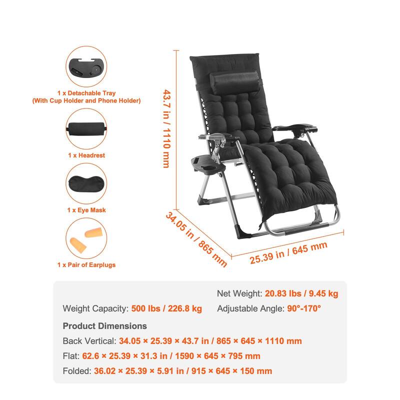 26 Inch Zero Gravity Recliner Lounge Chair with Triangle Frame and Removable Cushion Seat - 34.05 x 25.39 x 43.7 in
