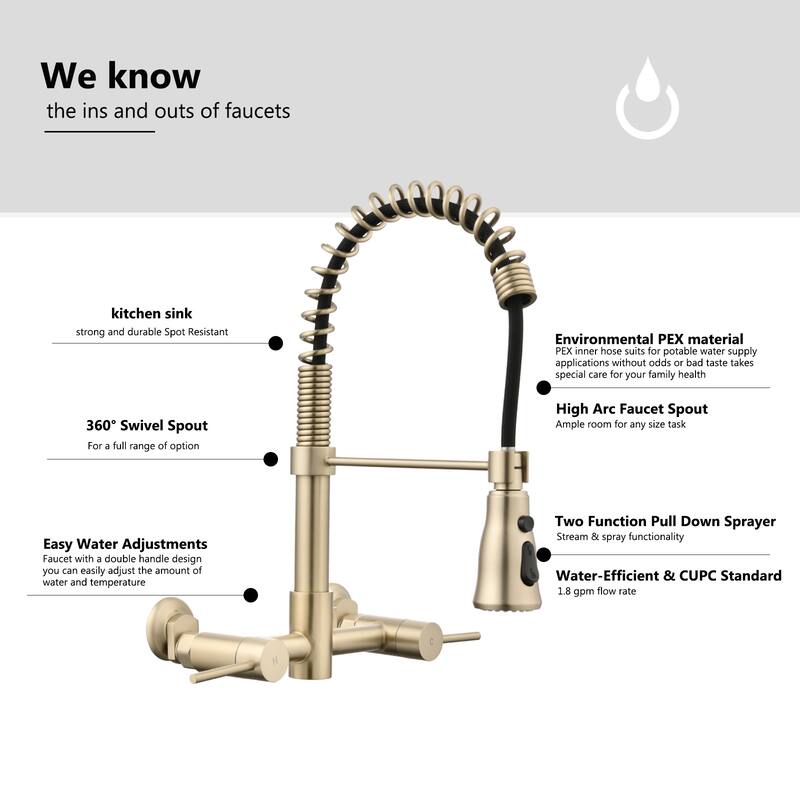 PROOX Double Handle Kitchen Faucet with Pull Out Sprayer Wall Mounted