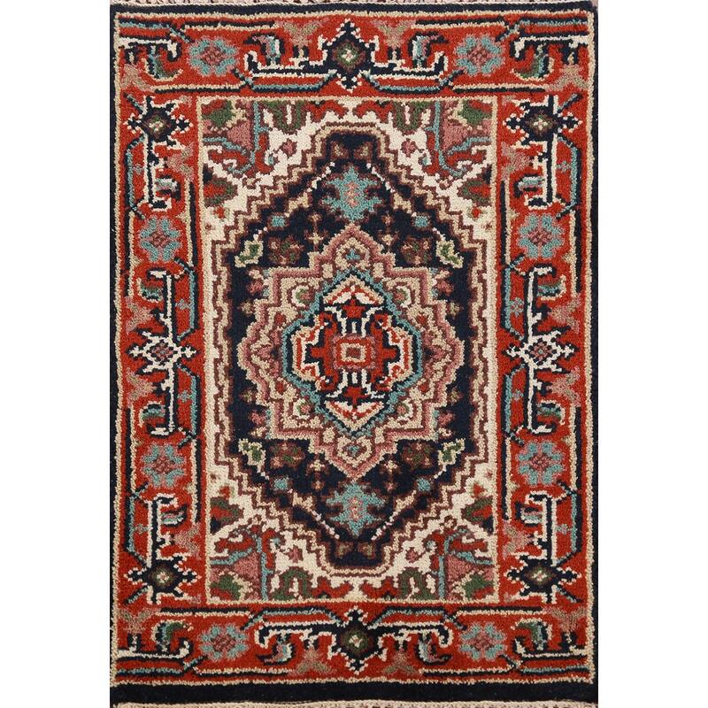 Hand Knotted Oriental 100% Wool Carpet Traditional Medallion Navy Blue & Blues Heriz (serapi) Area Rug - 3' 0'' X 2' 0''