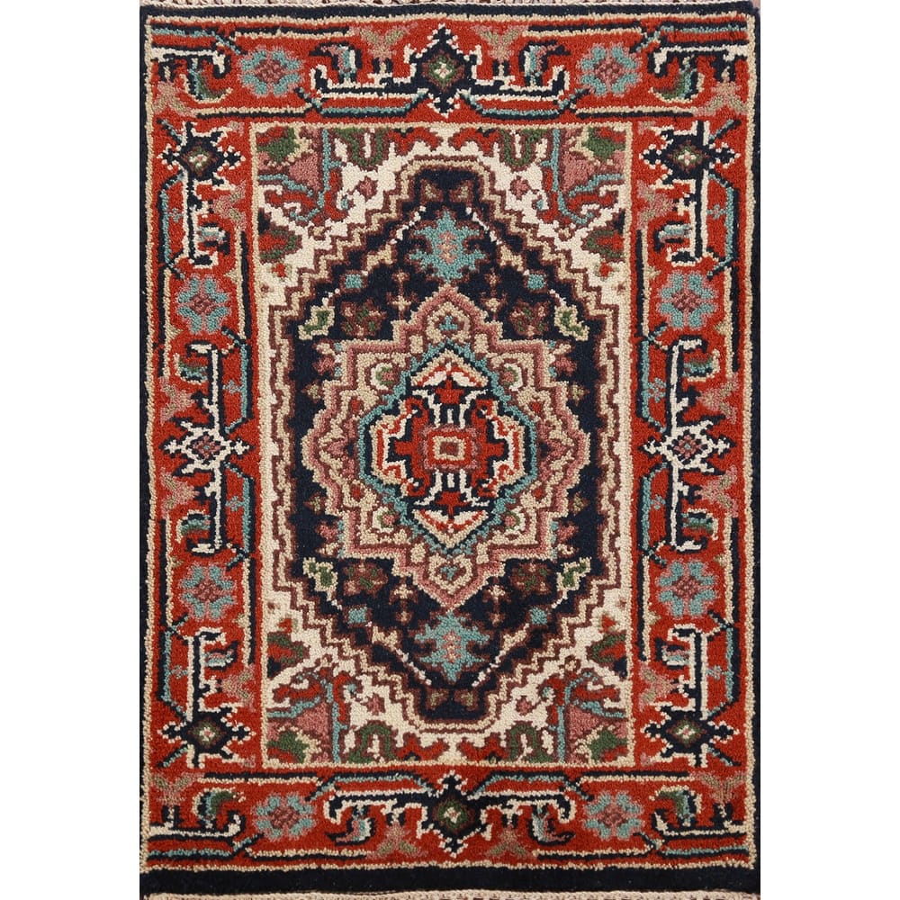 Hand Knotted Oriental 100% Wool Carpet Traditional Medallion Navy Blue & Blues Heriz (serapi) Area Rug - 3' 0'' X 2' 0''