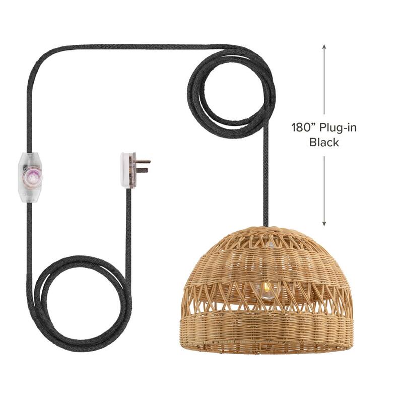 Radiant Rattan Pendant Light - Natural Dome 1-Light Handwoven Light Fixture For Modern, Transitional, Farmhouse Room Decor - 18'' - 180" Plug-In Black