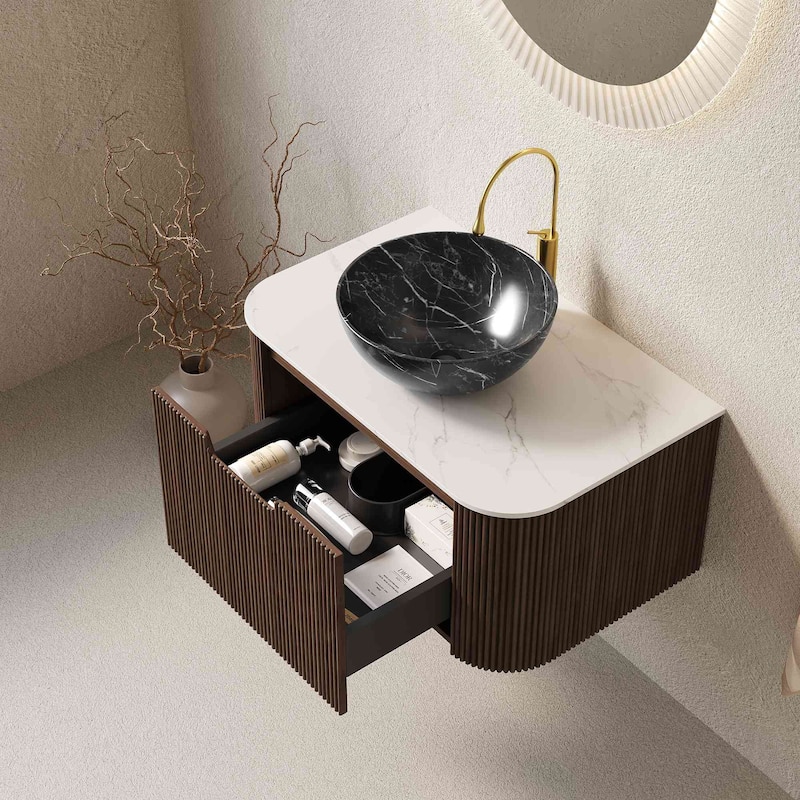 Wall Mounted Striped Bathroom Storage Cabinet with Sink and Drawers
