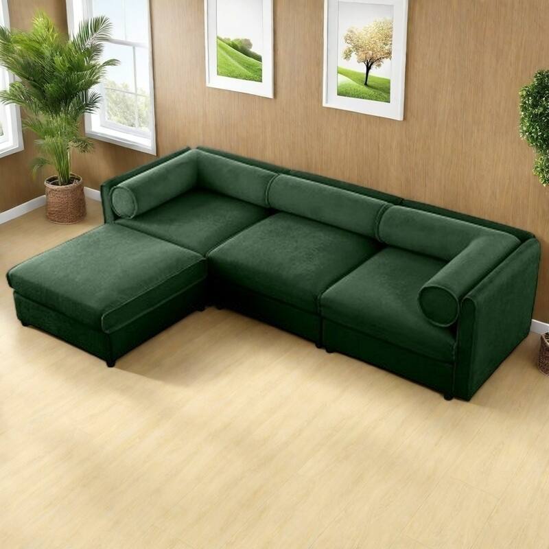 Modern Chenille 6-Seater Sofa with Ottoman Storage, Hidden Storage, Cylindrical Cushioned Arms and Backrest - 3 Seater with Ottoman Green