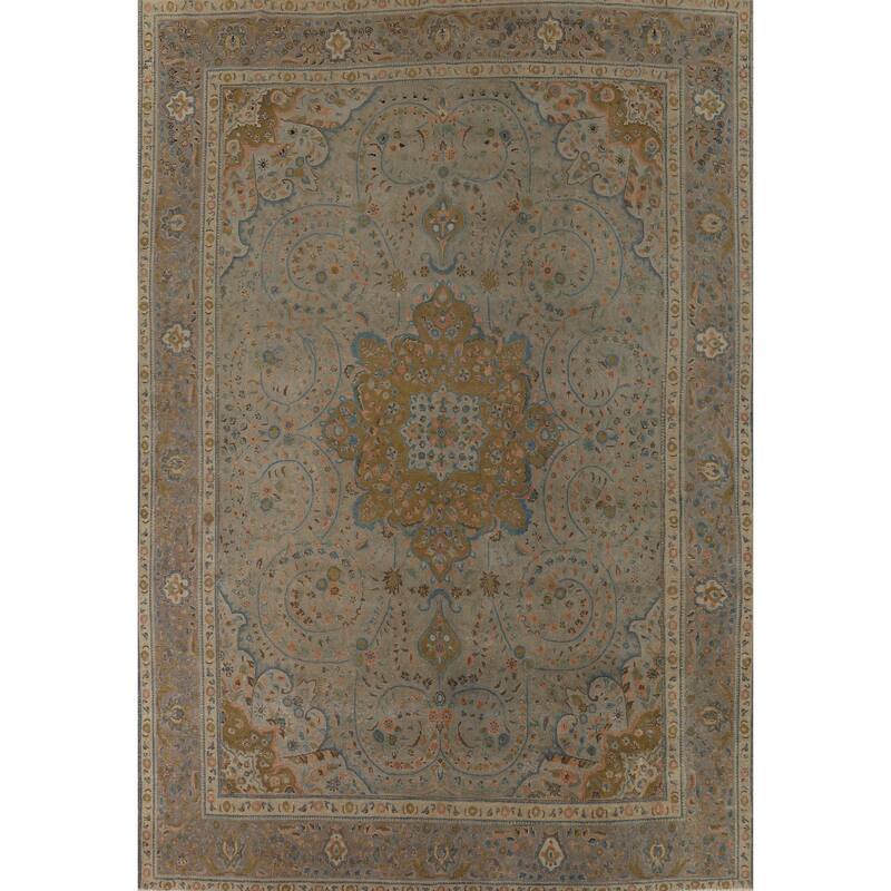 Distressed Tabriz Vintage Persian Rug Hand-Knotted Grey Wool Carpet - 9'11" x 12'10"