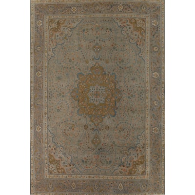 Distressed Tabriz Vintage Persian Rug Hand-Knotted Grey Wool Carpet - 9'11" x 12'10"