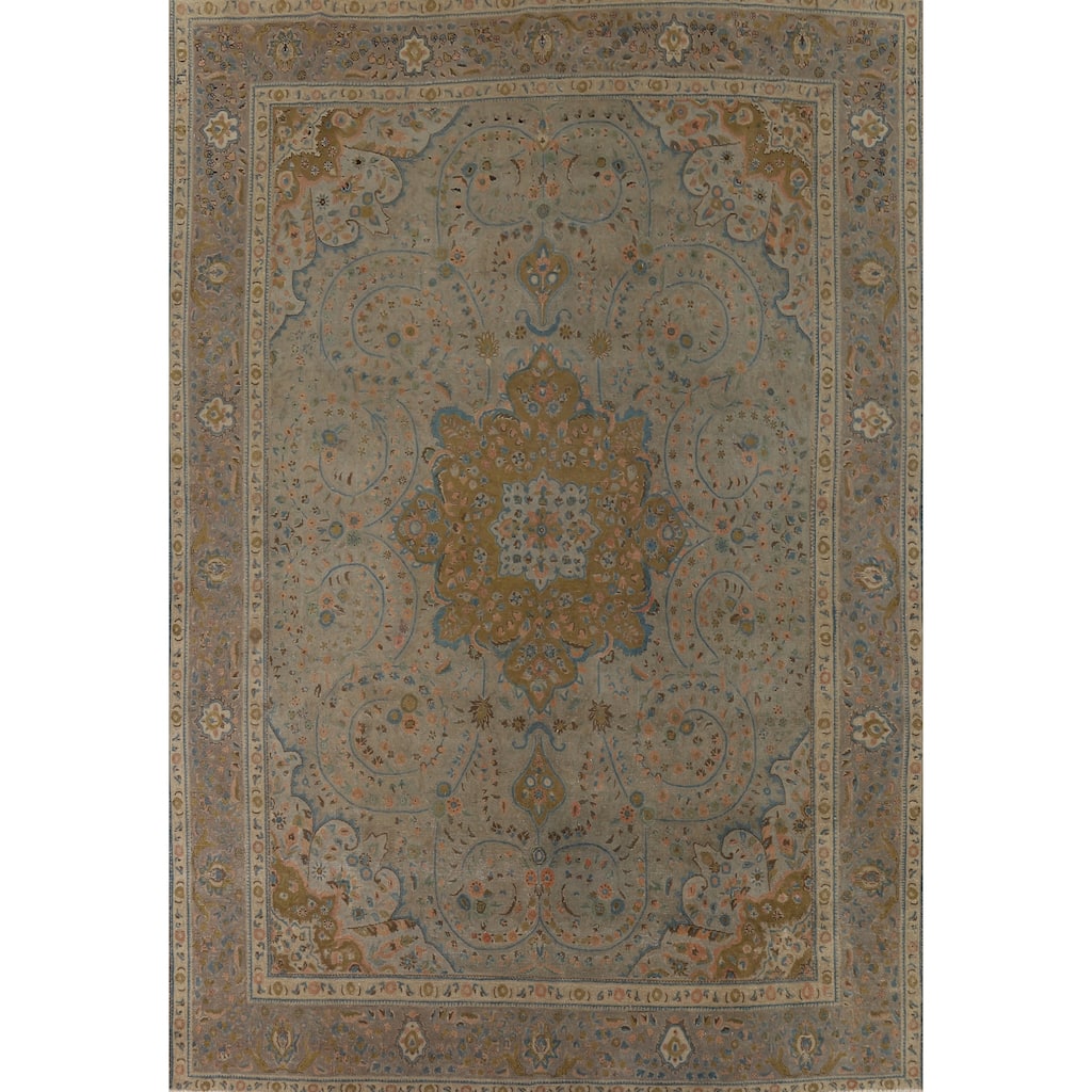 Distressed Tabriz Vintage Persian Rug Hand-Knotted Grey Wool Carpet - 9'11" x 12'10"