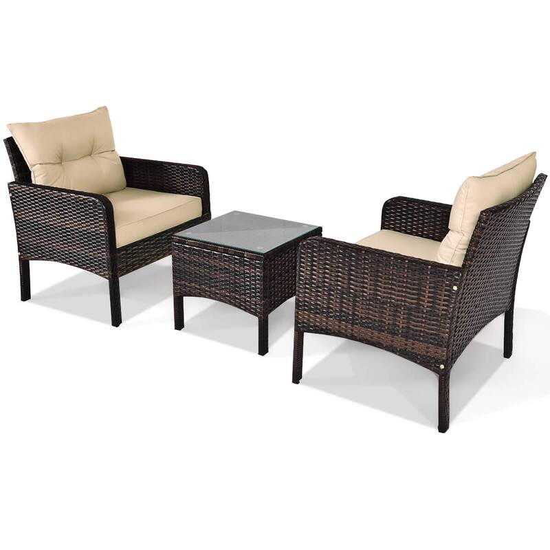 Costway 3 PCS Patio PE Wicker Furniture Set with Cushions and Tempered - See Details