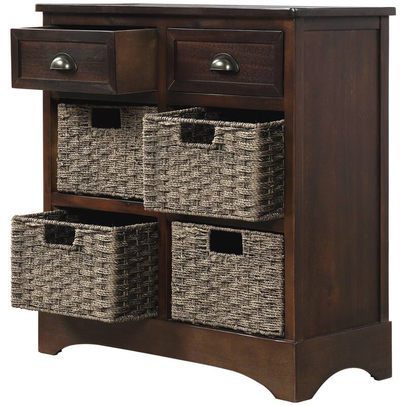 Rustic Storage Cabinet with 2 Drawers and 4 Classic Rattan Basket - 28"L×11.8"W×28"H