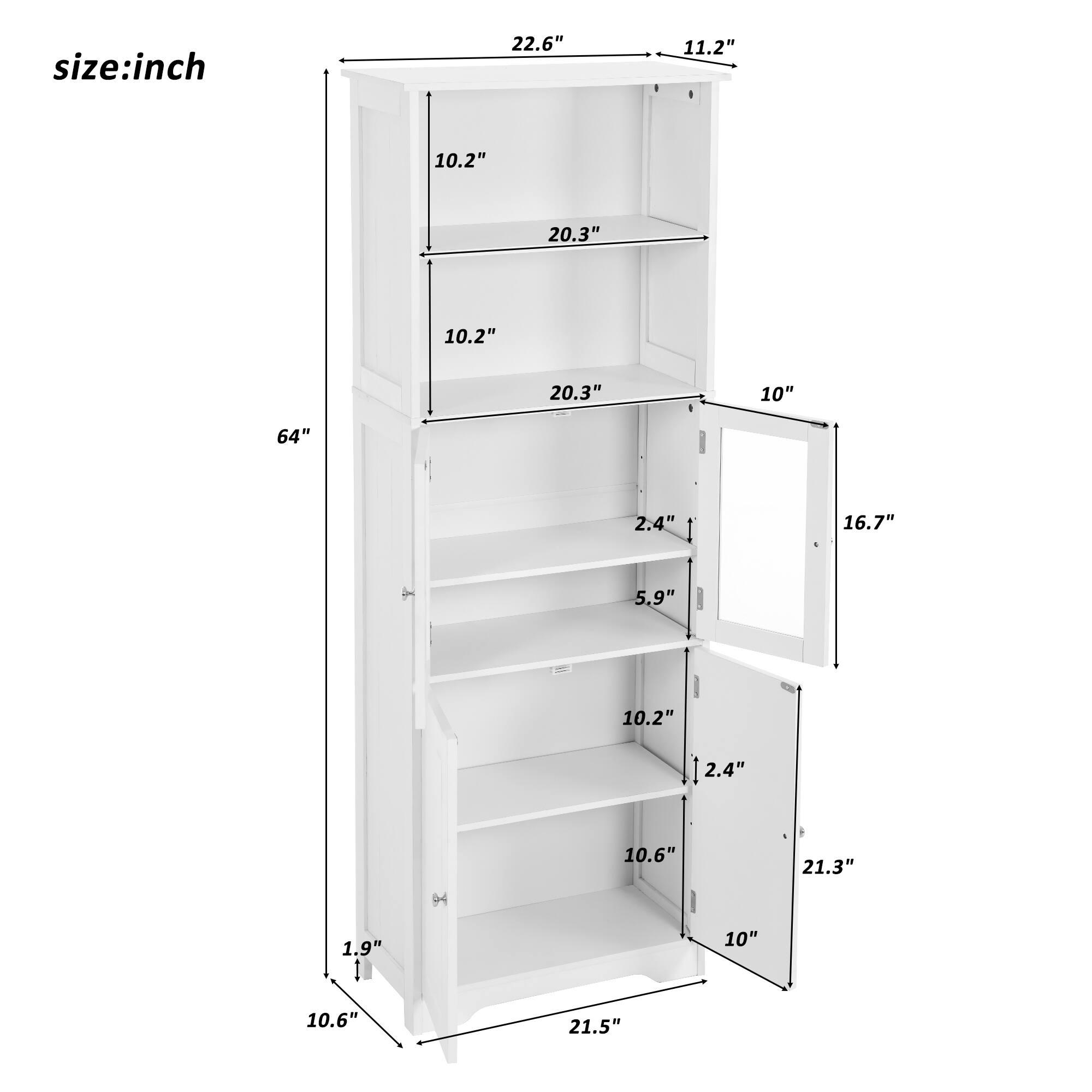 White Tall Storage with Shelves and Doors for Bathroom, Kitchen and Living Room, MDF