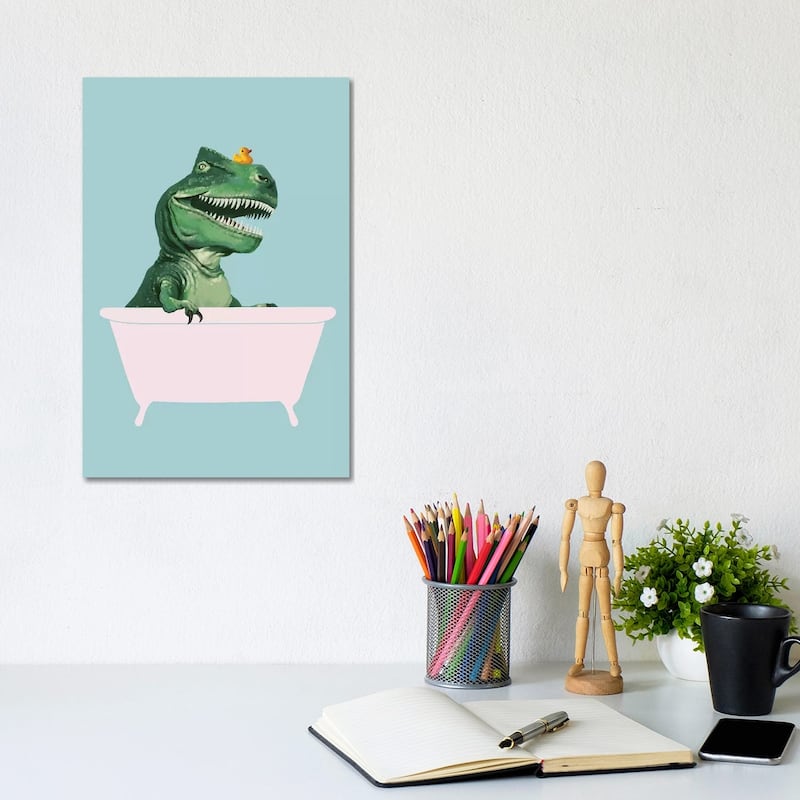 iCanvas "Playful T Rex In Bathtub In Green" by Big Nose Work Canvas Print - 12x8x0.75