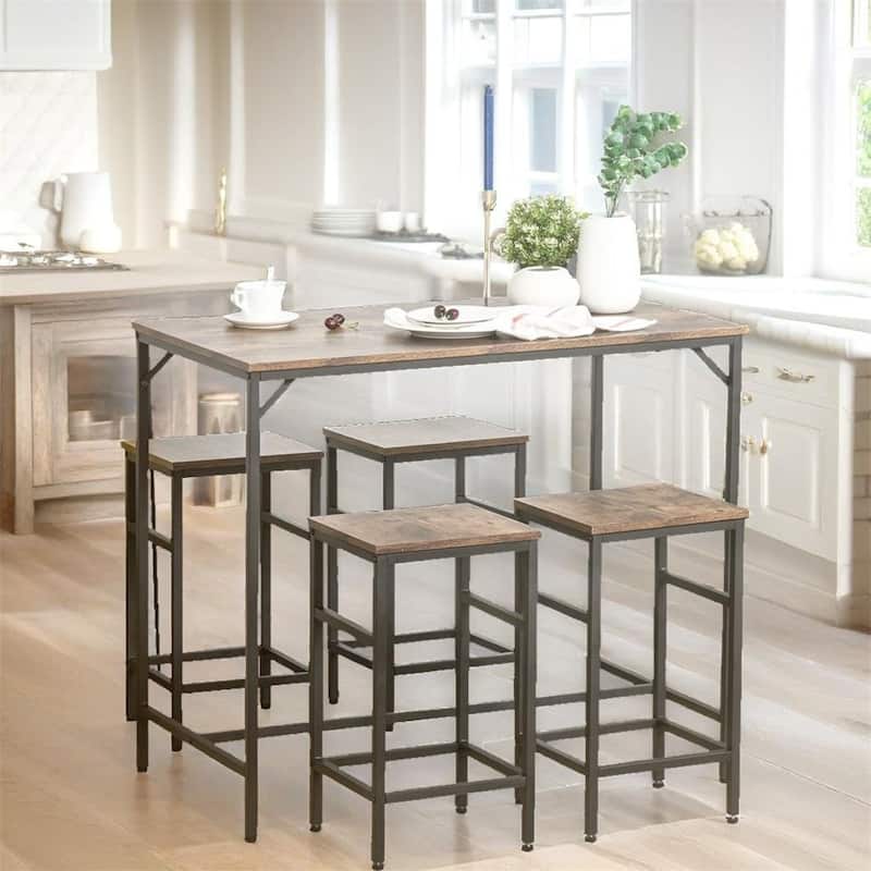 Wood Dining Table Set with Bar Table and 4 Stools Set(Set of 5) - Rustic Brown