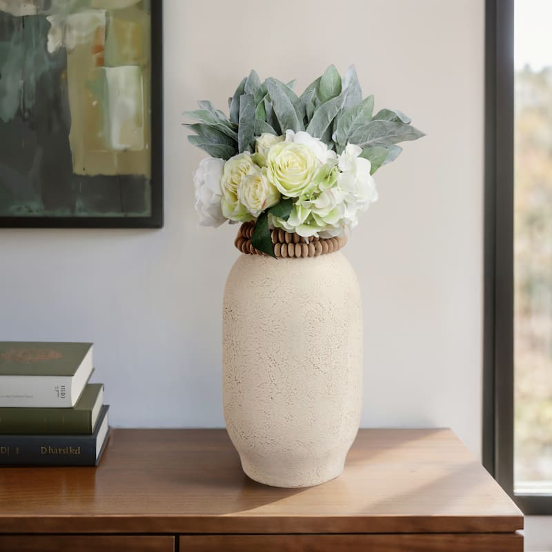 Pottery Mango Wood Vase Textured Surface and Removable Beaded Accent - 8" x 8" x 16"