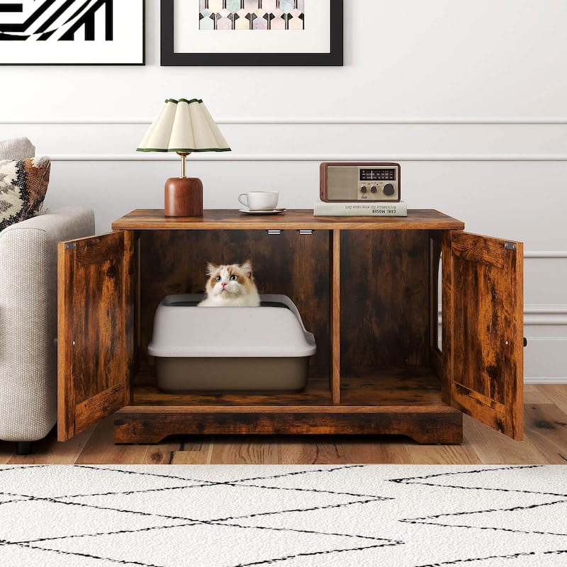 Costway Cat Litter Box Enclosure Furniture with Double Doors Divider - See Details